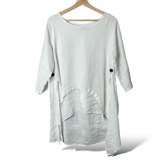 Bella Amore Tops - BELLA AMORE 100% Linen Tunic Top Roll Tab Sleeves Shark Bite Hem US Sz L